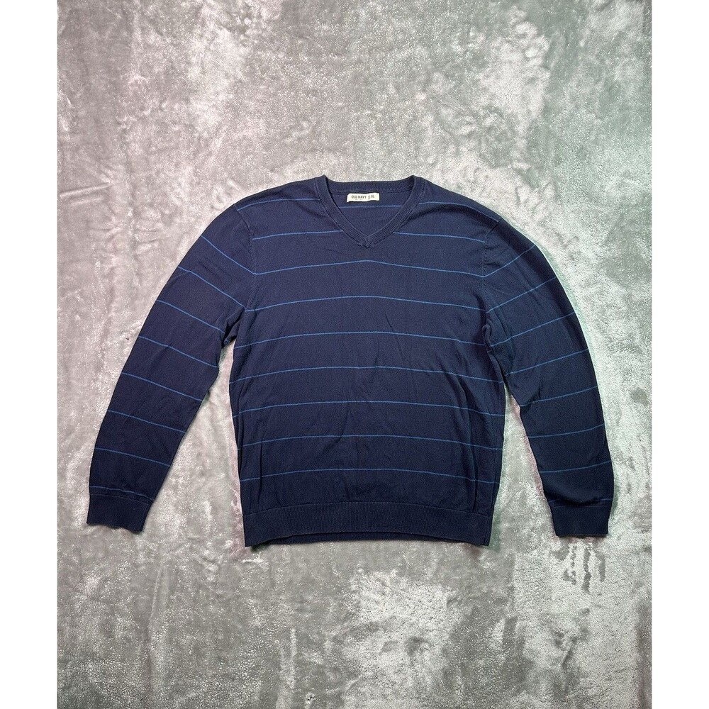 Old Navy Sweater XL V-Neck, Mens Navy Blue Striped Sweatshirt Y2K
